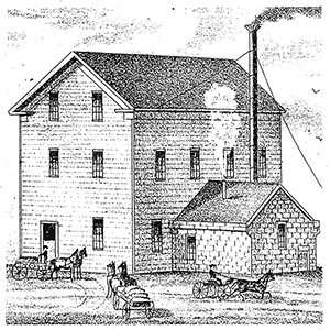 The original Atkinson’s Carp Flour Mill, built in 1827, as depicted in the 1879 edition of the Belden Historical Atlas of Carleton County.